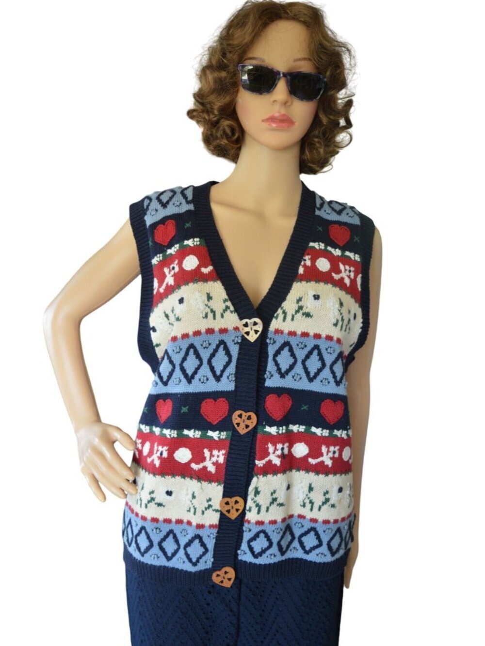Vintage 90s Eagle's Eye Knit Sweater Vest Teacher Core Blue Red  Hearts Size M